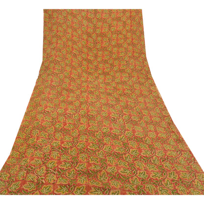 Sanskriti Vintage Sari Blend Georgette Orange Printed Saree 5 Yard Craft Fabric Home Decor, Women Floral Outfit, Silk Scrap