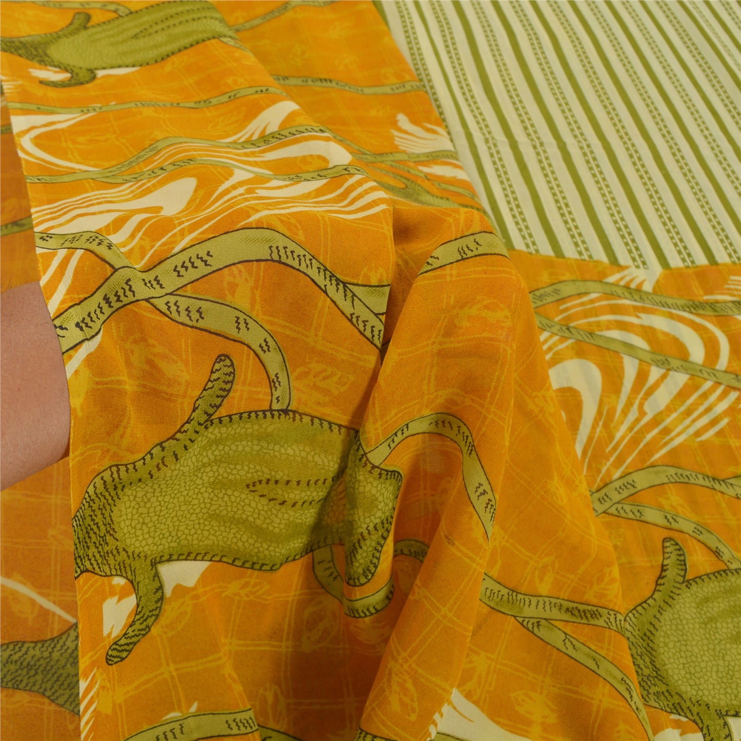 Sanskriti Vintage Grønne Sarier Ren Georgette Silke Trykt Sari 5YD Håndværk Bæredygtigt Stoff