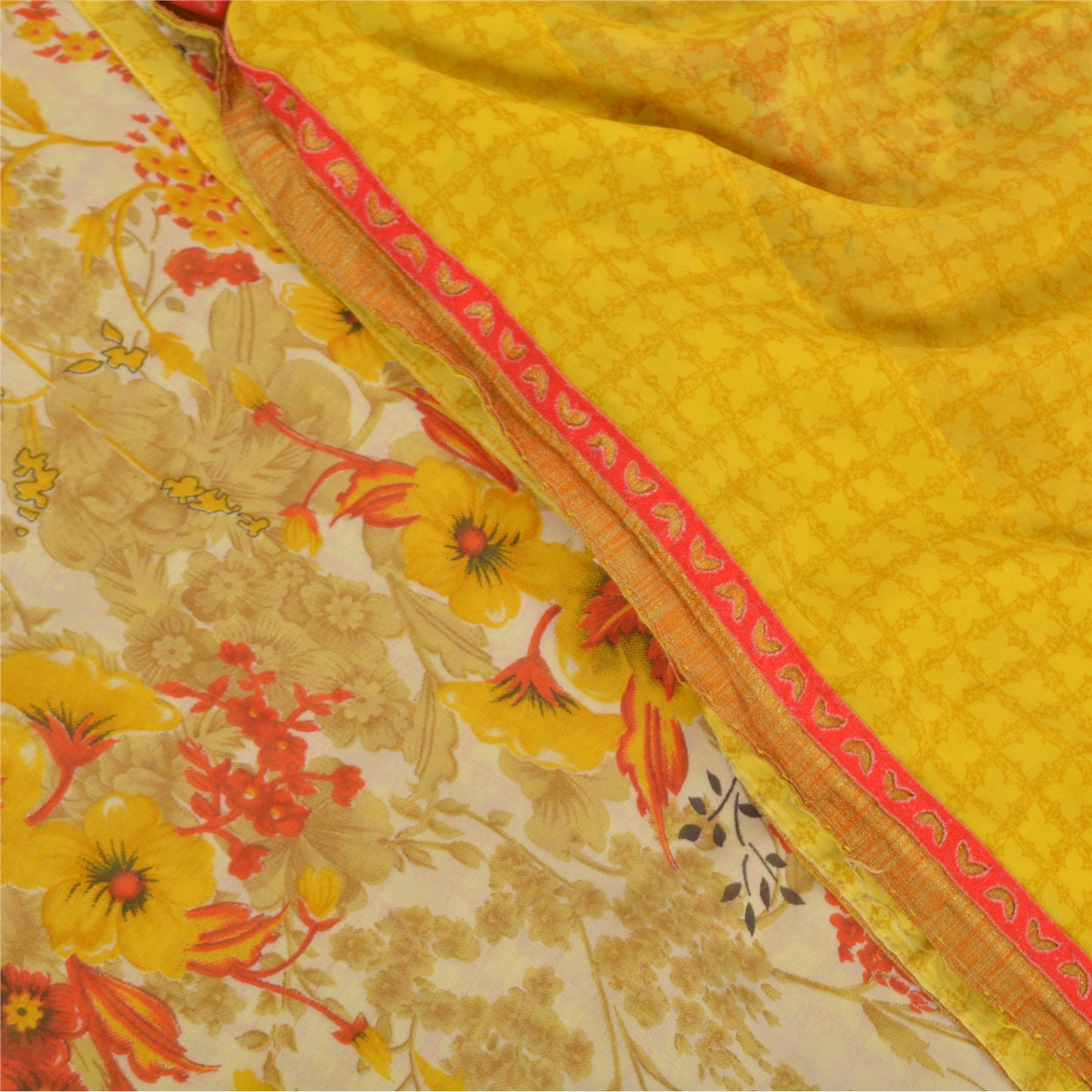 Sanskriti Vintage Saree Yellow & Cream Georgette 5 Yard Saree Floral Print Sari Soft Craft Fabric Boho Quilting Material For DIY Projects