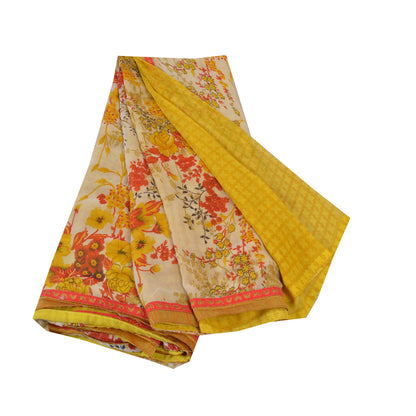 Sanskriti Vintage Saree Yellow & Cream Georgette 5 Yard Saree Floral Print Sari Soft Craft Fabric Boho Quilting Material For DIY Projects