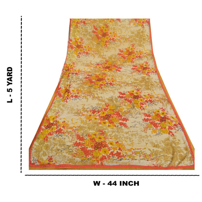 Sanskriti Vintage Saree Yellow & Cream Georgette 5 Yard Saree Floral Print Sari Soft Craft Fabric Boho Quilting Material For DIY Projects