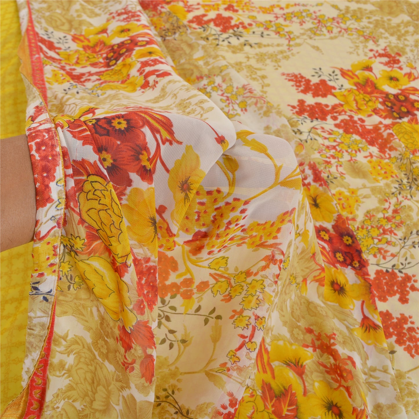Sanskriti Vintage Saree Yellow & Cream Georgette 5 Yard Saree Floral Print Sari Soft Craft Fabric Boho Quilting Material For DIY Projects