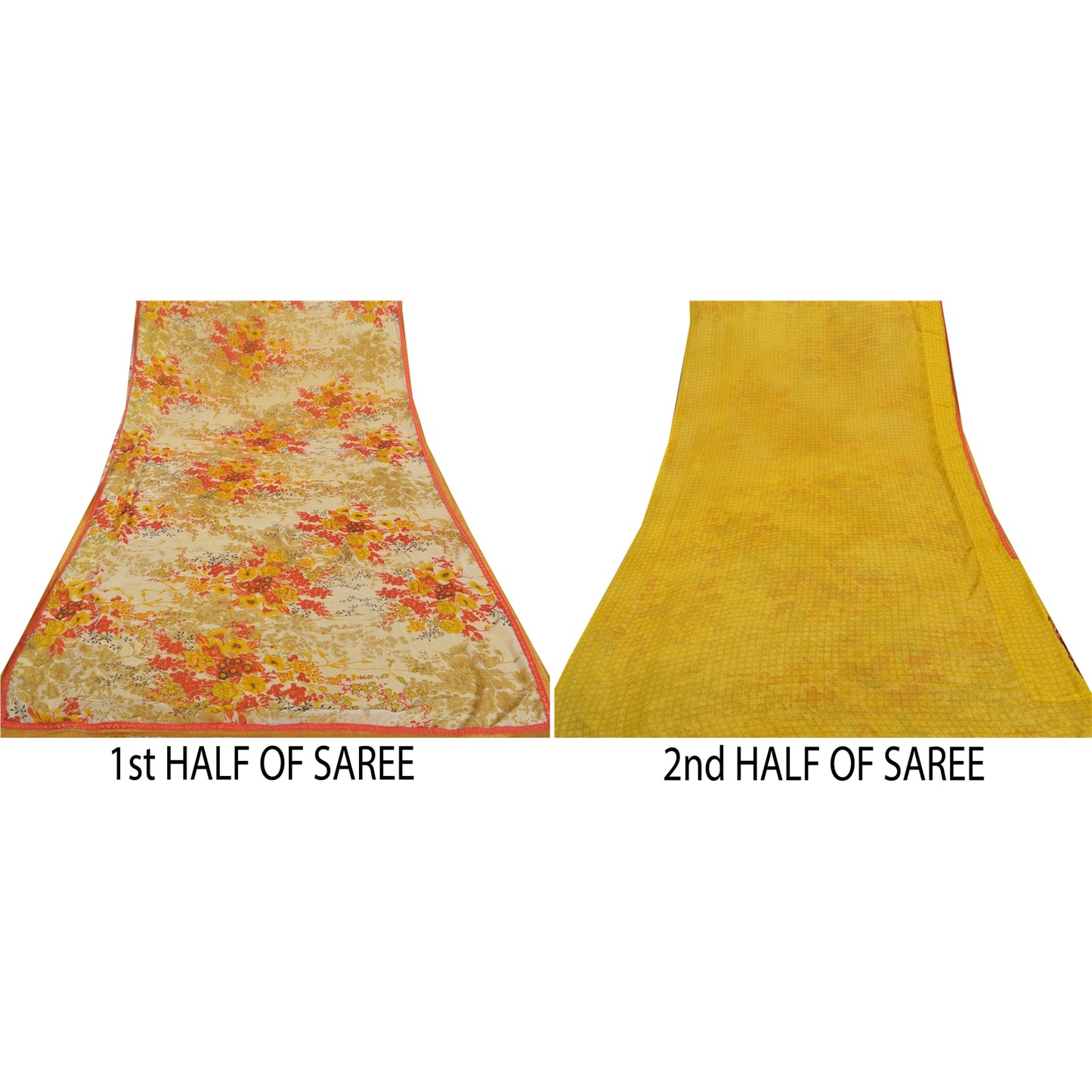 Sanskriti Vintage Saree Yellow & Cream Georgette 5 Yard Saree Floral Print Sari Soft Craft Fabric Boho Quilting Material For DIY Projects