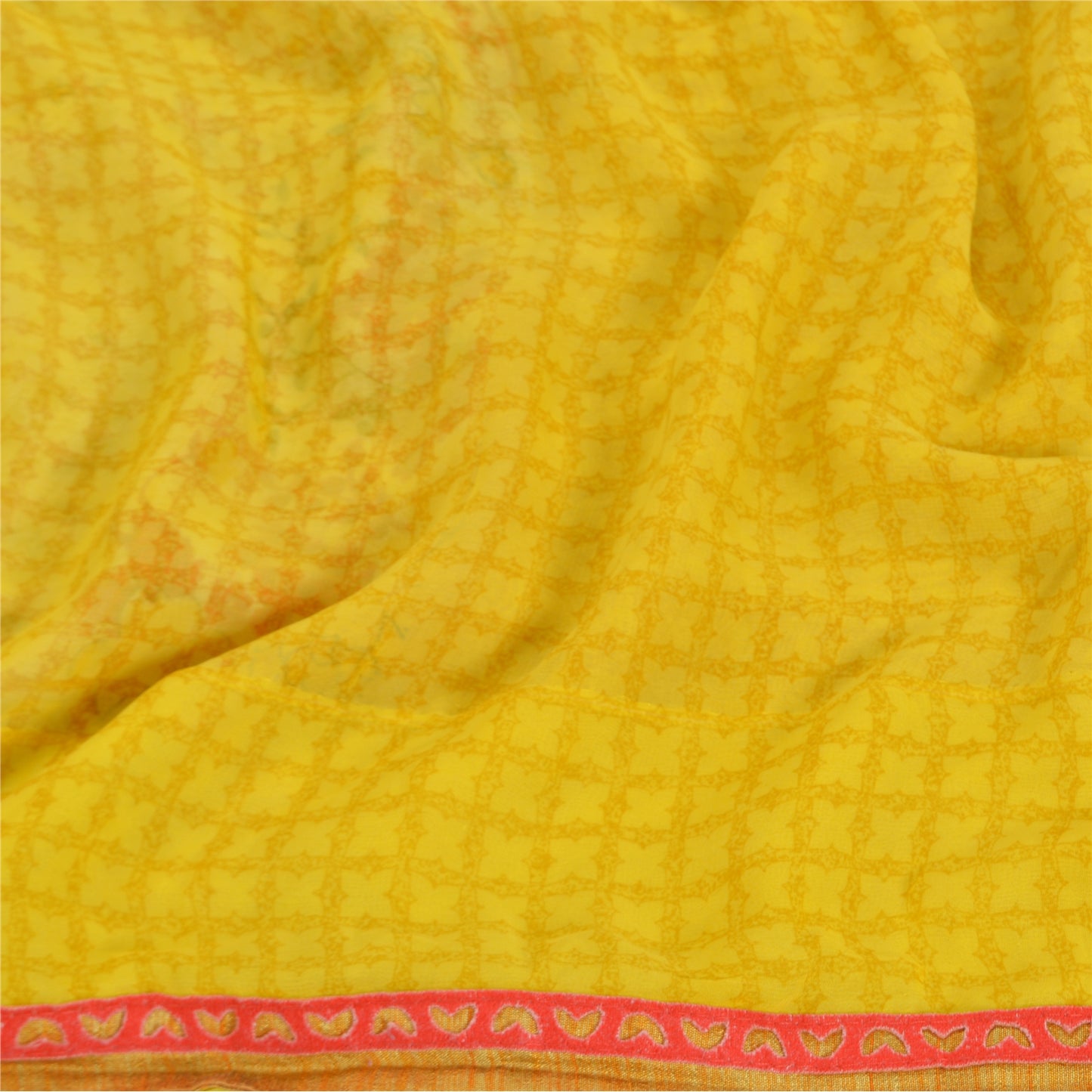 Sanskriti Vintage Saree Yellow & Cream Georgette 5 Yard Saree Floral Print Sari Soft Craft Fabric Boho Quilting Material For DIY Projects
