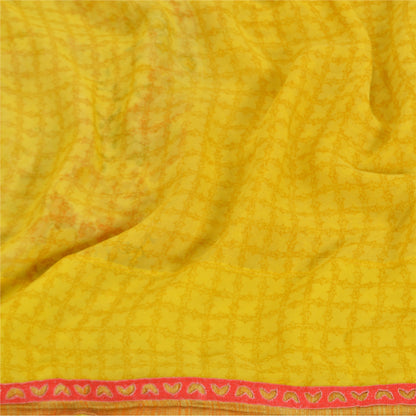 Sanskriti Vintage Saree Yellow & Cream Georgette 5 Yard Saree Floral Print Sari Soft Craft Fabric Boho Quilting Material For DIY Projects