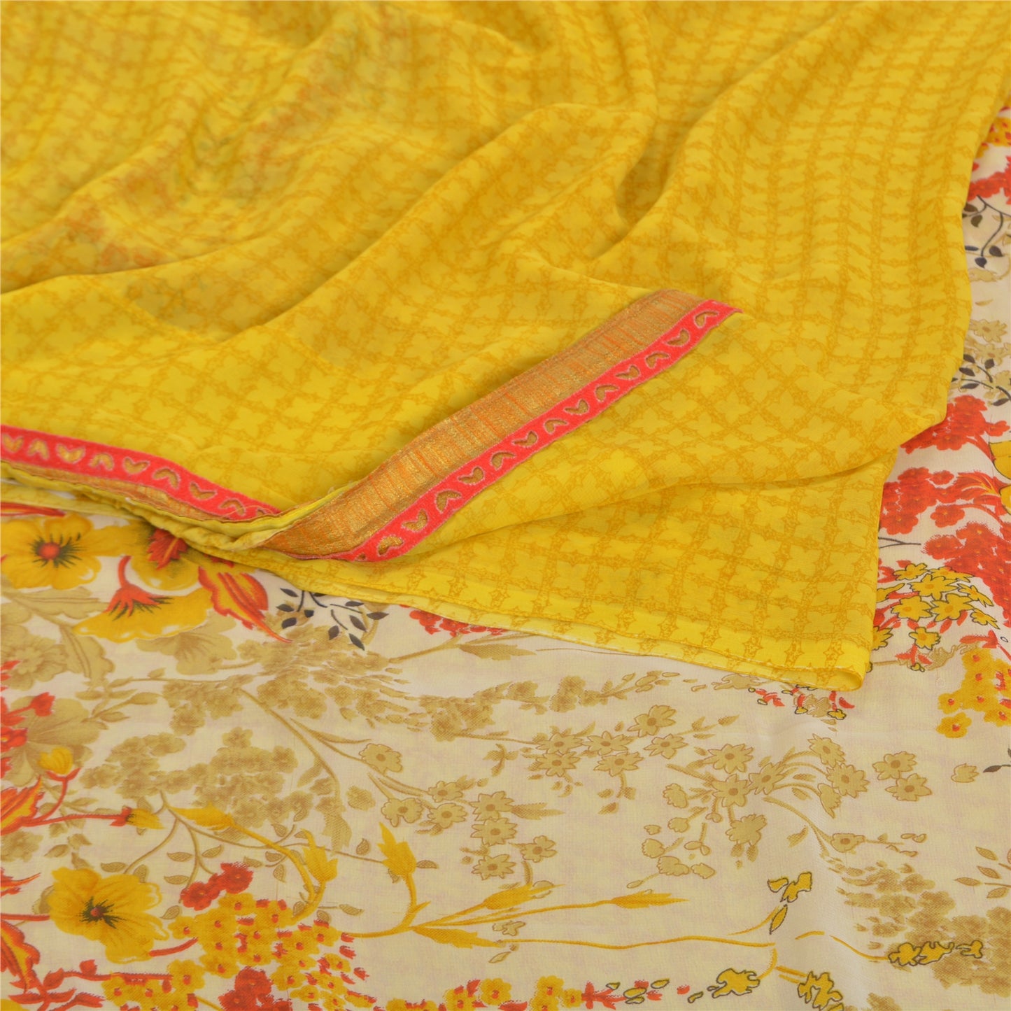 Sanskriti Vintage Saree Yellow & Cream Georgette 5 Yard Saree Floral Print Sari Soft Craft Fabric Boho Quilting Material For DIY Projects
