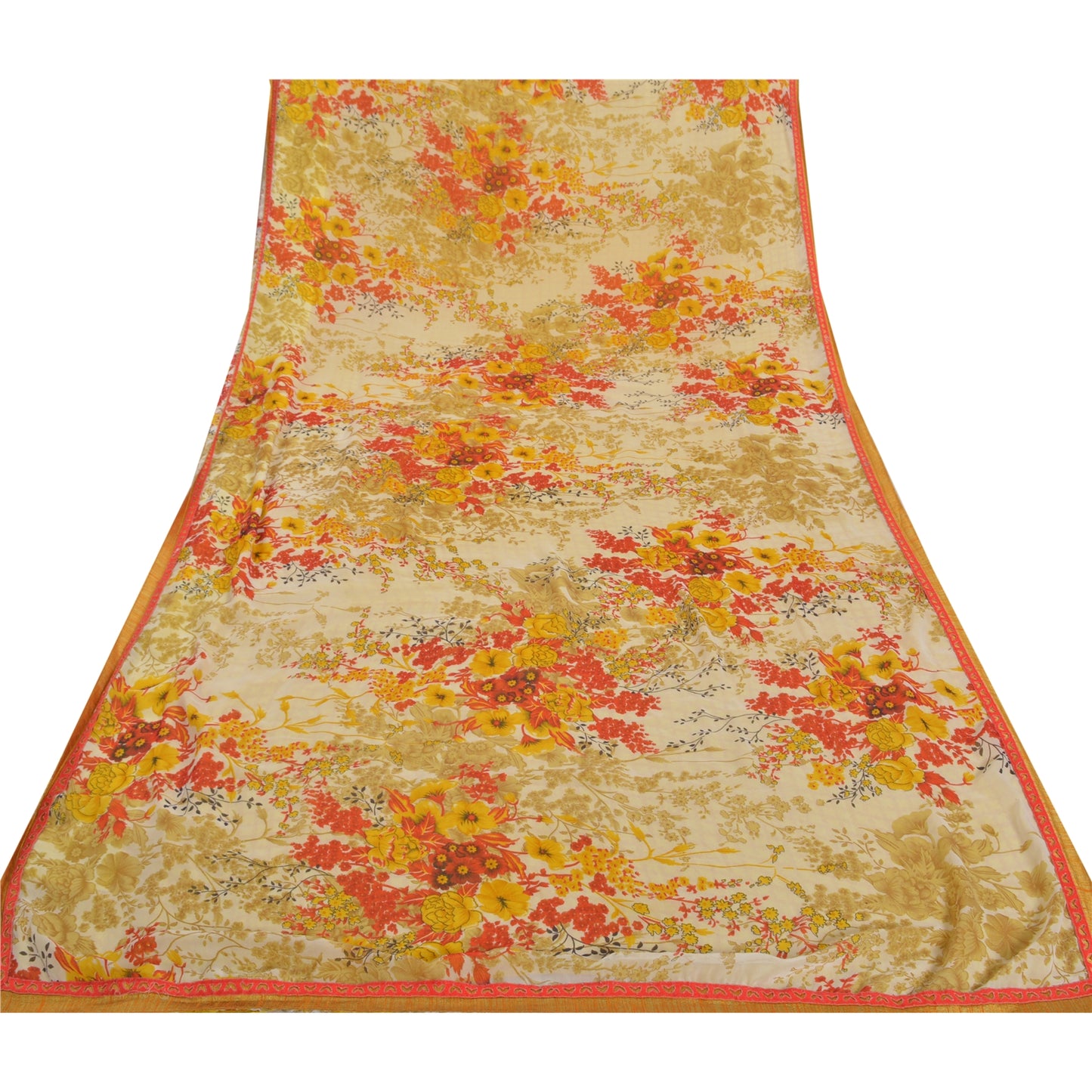 Sanskriti Vintage Saree Yellow & Cream Georgette 5 Yard Saree Floral Print Sari Soft Craft Fabric Boho Quilting Material For DIY Projects