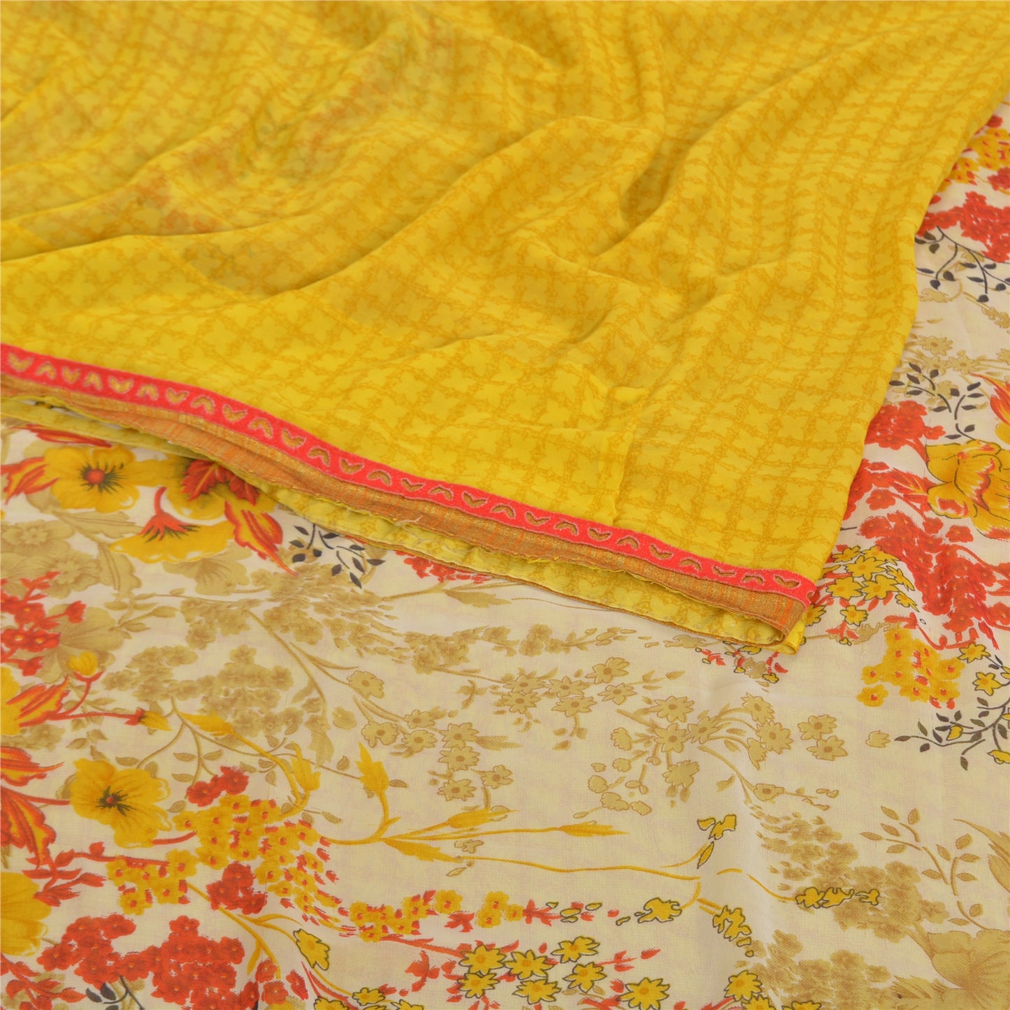 Sanskriti Vintage Saree Yellow & Cream Georgette 5 Yard Saree Floral Print Sari Soft Craft Fabric Boho Quilting Material For DIY Projects