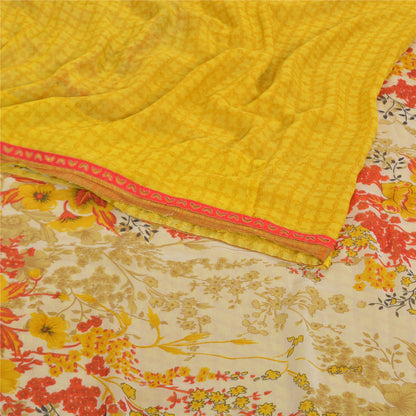 Sanskriti Vintage Saree Yellow & Cream Georgette 5 Yard Saree Floral Print Sari Soft Craft Fabric Boho Quilting Material For DIY Projects