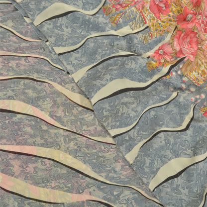 Sanskriti Vintage Gray Saree Georgette Printed Sari 5 Yard Floral Craft Sustainable Fabric