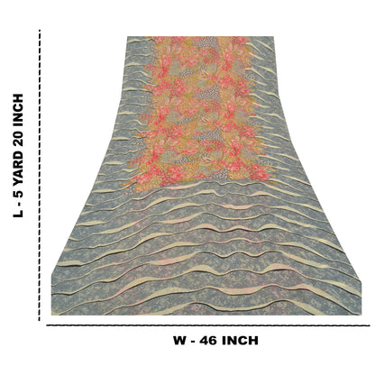 Sanskriti Vintage Gray Saree Georgette Printed Sari 5 Yard Floral Craft Sustainable Fabric
