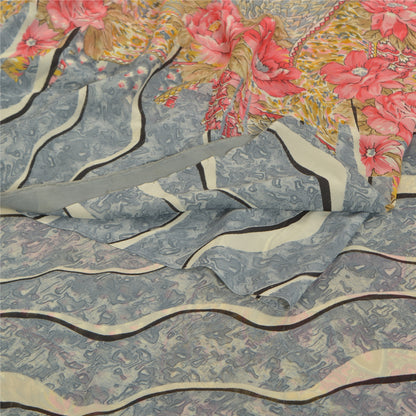 Sanskriti Vintage Gray Saree Georgette Printed Sari 5 Yard Floral Craft Sustainable Fabric