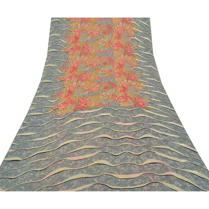 Sanskriti Vintage Gray Saree Georgette Printed Sari 5 Yard Floral Craft Sustainable Fabric