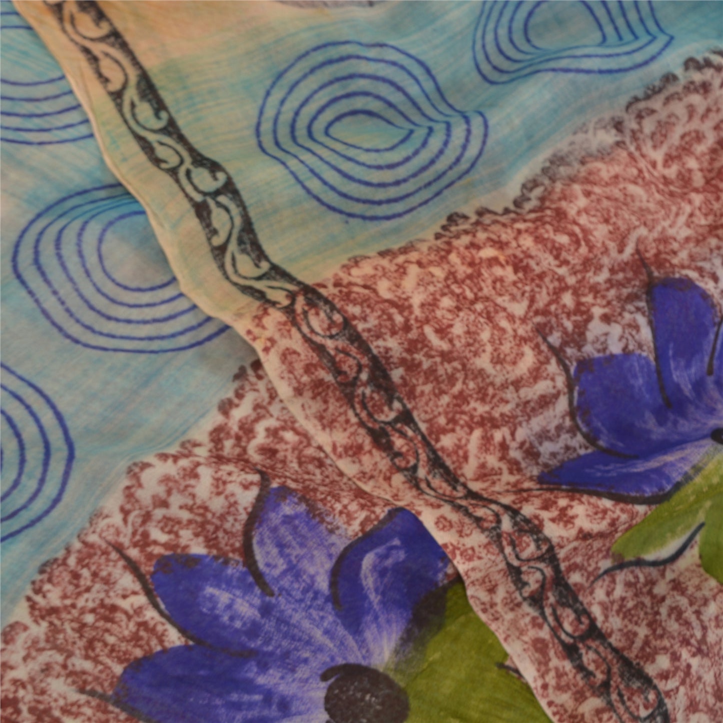 Sanskriti Vintage Saree Red & Blue Saree 100% Pure Georgette Silk Floral Geometric Printed Sari 5+Yard Craft Fabric For Quilting , Decor