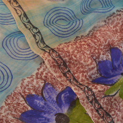Sanskriti Vintage Saree Red & Blue Saree 100% Pure Georgette Silk Floral Geometric Printed Sari 5+Yard Craft Fabric For Quilting , Decor