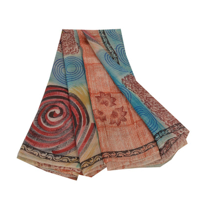 Sanskriti Vintage Saree Red & Blue Saree 100% Pure Georgette Silk Floral Geometric Printed Sari 5+Yard Craft Fabric For Quilting , Decor