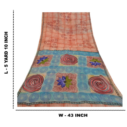 Sanskriti Vintage Saree Red & Blue Saree 100% Pure Georgette Silk Floral Geometric Printed Sari 5+Yard Craft Fabric For Quilting , Decor