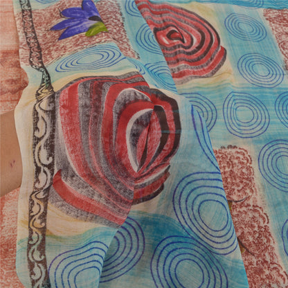 Sanskriti Vintage Saree Red & Blue Saree 100% Pure Georgette Silk Floral Geometric Printed Sari 5+Yard Craft Fabric For Quilting , Decor