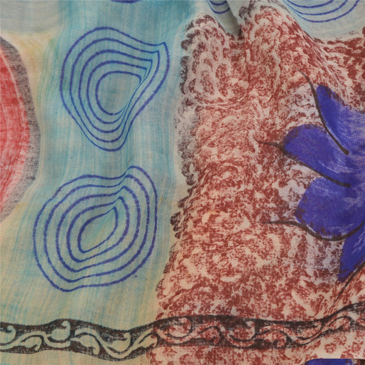 Sanskriti Vintage Saree Red & Blue Saree 100% Pure Georgette Silk Floral Geometric Printed Sari 5+Yard Craft Fabric For Quilting , Decor