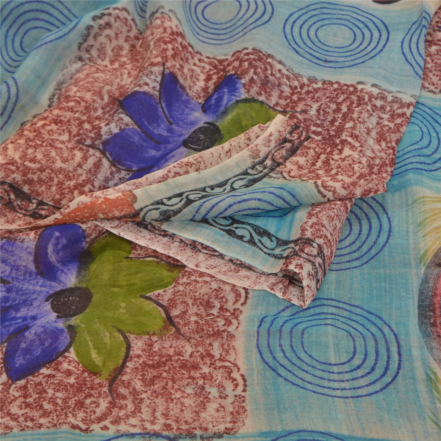 Sanskriti Vintage Saree Red & Blue Saree 100% Pure Georgette Silk Floral Geometric Printed Sari 5+Yard Craft Fabric For Quilting , Decor