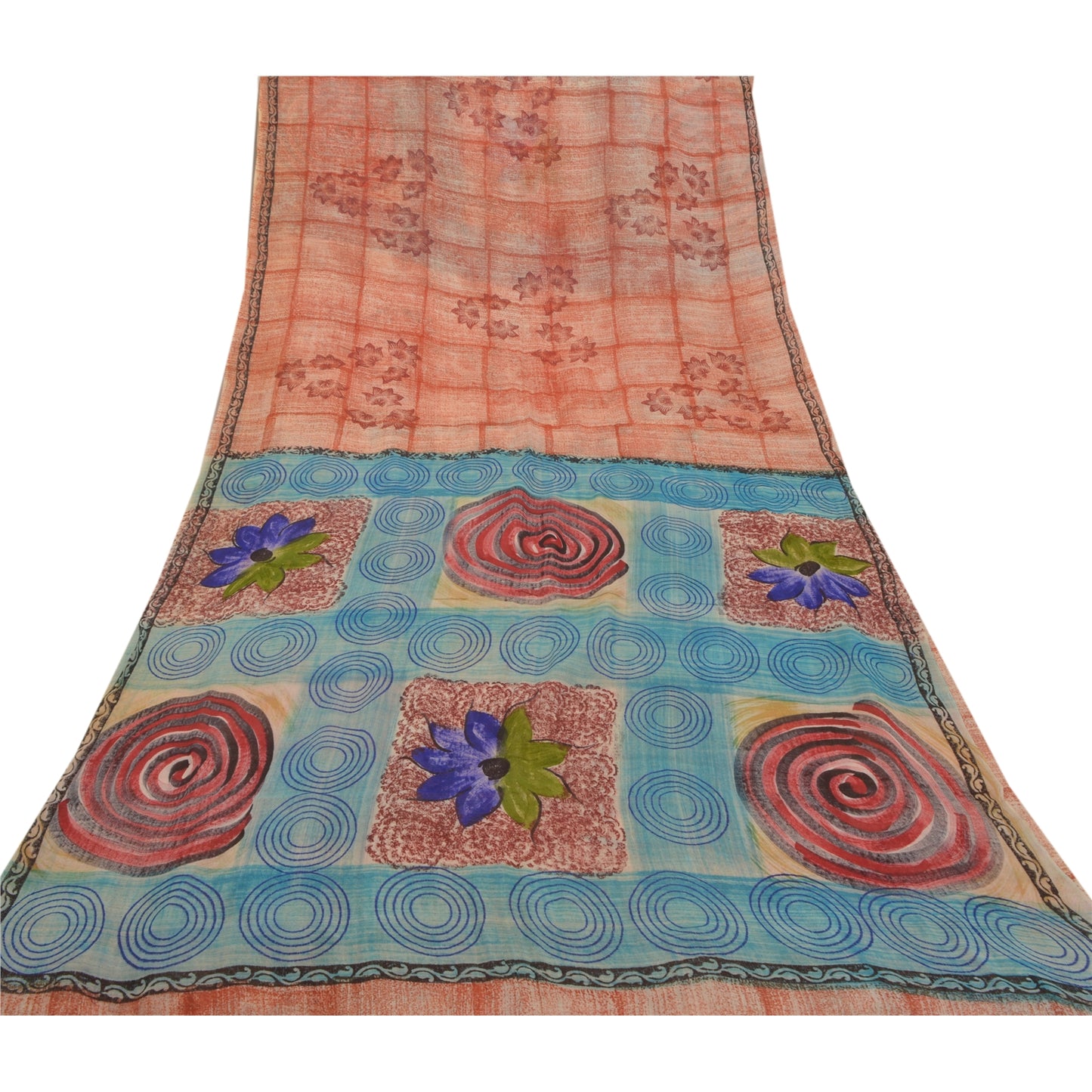 Sanskriti Vintage Saree Red & Blue Saree 100% Pure Georgette Silk Floral Geometric Printed Sari 5+Yard Craft Fabric For Quilting , Decor