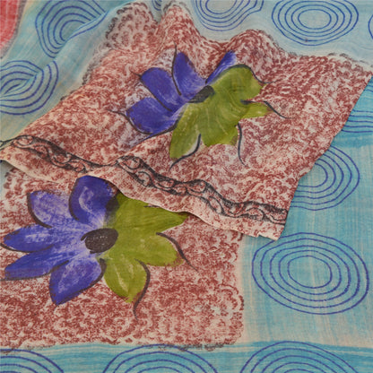 Sanskriti Vintage Saree Red & Blue Saree 100% Pure Georgette Silk Floral Geometric Printed Sari 5+Yard Craft Fabric For Quilting , Decor