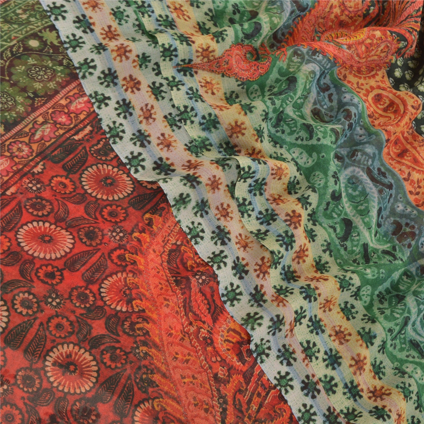 Sanskriti Vintage Saree Green & Red Georgette 6.5+Yard Saree Floral Printed Sari Soft Craft Fabric For Quilting Felting, Home Decor