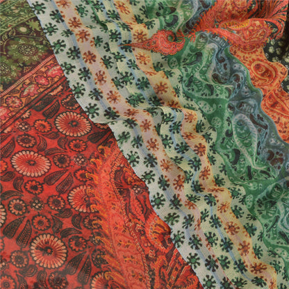 Sanskriti Vintage Saree Green & Red Georgette 6.5+Yard Saree Floral Printed Sari Soft Craft Fabric For Quilting Felting, Home Decor