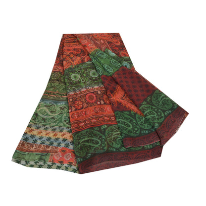 Sanskriti Vintage Saree Green & Red Georgette 6.5+Yard Saree Floral Printed Sari Soft Craft Fabric For Quilting Felting, Home Decor