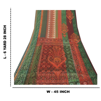 Sanskriti Vintage Saree Green & Red Georgette 6.5+Yard Saree Floral Printed Sari Soft Craft Fabric For Quilting Felting, Home Decor