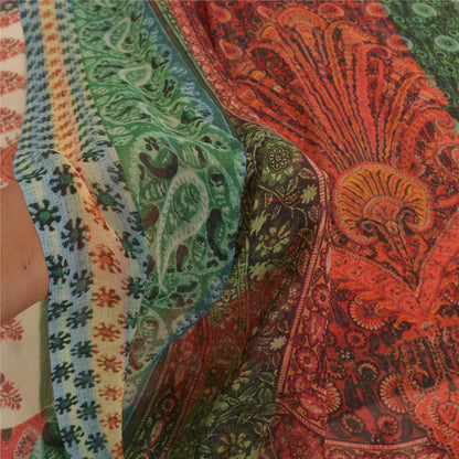Sanskriti Vintage Saree Green & Red Georgette 6.5+Yard Saree Floral Printed Sari Soft Craft Fabric For Quilting Felting, Home Decor