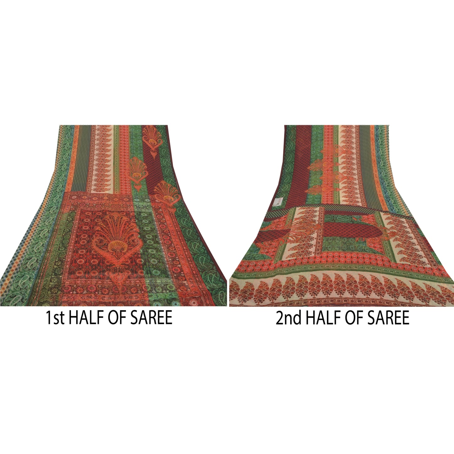 Sanskriti Vintage Saree Green & Red Georgette 6.5+Yard Saree Floral Printed Sari Soft Craft Fabric For Quilting Felting, Home Decor