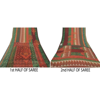 Sanskriti Vintage Saree Green & Red Georgette 6.5+Yard Saree Floral Printed Sari Soft Craft Fabric For Quilting Felting, Home Decor