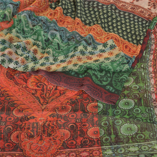 Sanskriti Vintage Grønne Sareer Georgette Trykt Sari Blomster Blødt Håndværk Bæredygtigt Stoff