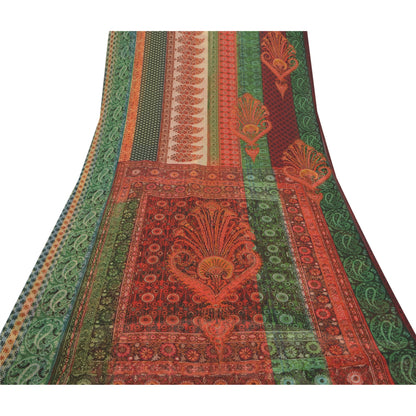 Sanskriti Vintage Saree Green & Red Georgette 6.5+Yard Saree Floral Printed Sari Soft Craft Fabric For Quilting Felting, Home Decor