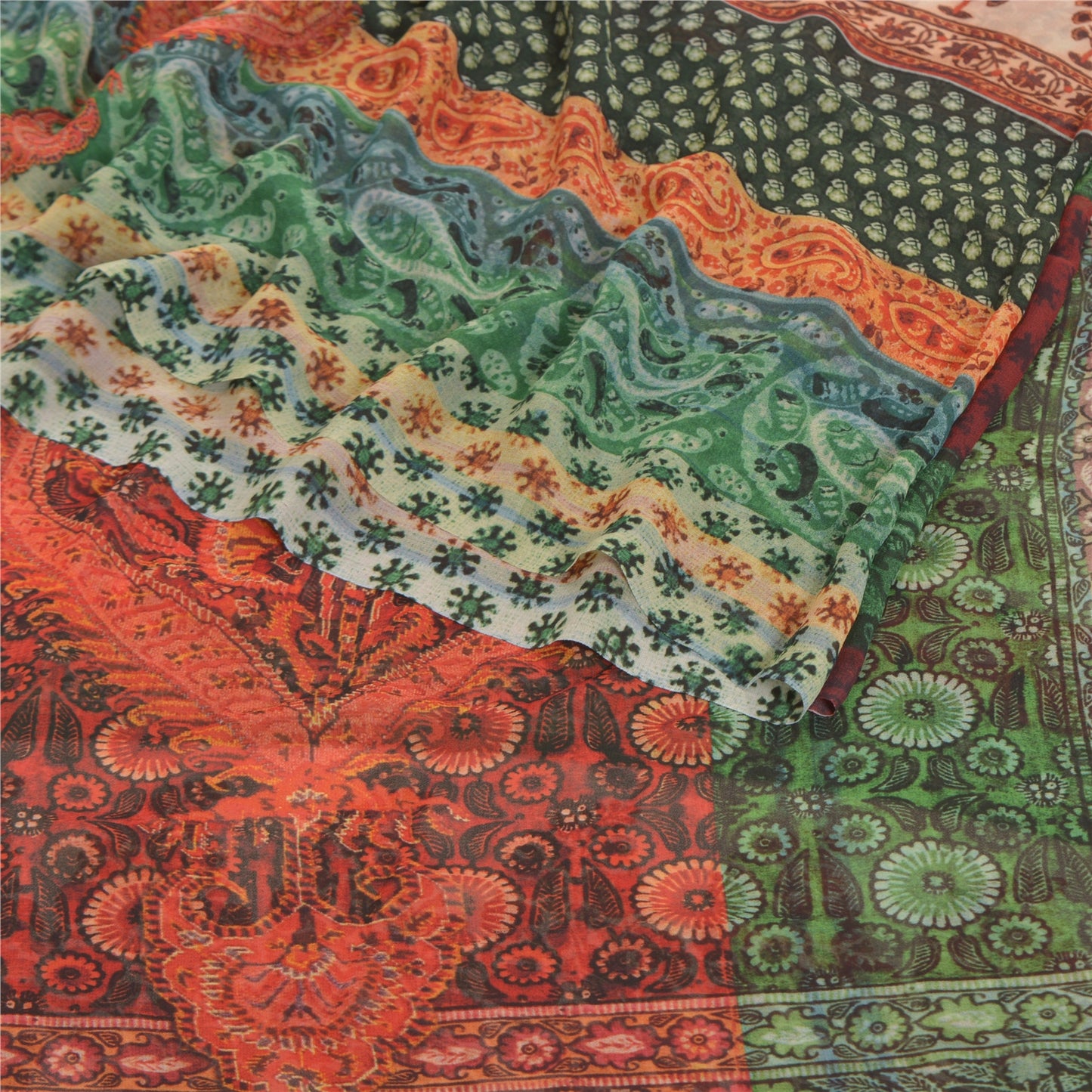 Sanskriti Vintage Saree Green & Red Georgette 6.5+Yard Saree Floral Printed Sari Soft Craft Fabric For Quilting Felting, Home Decor