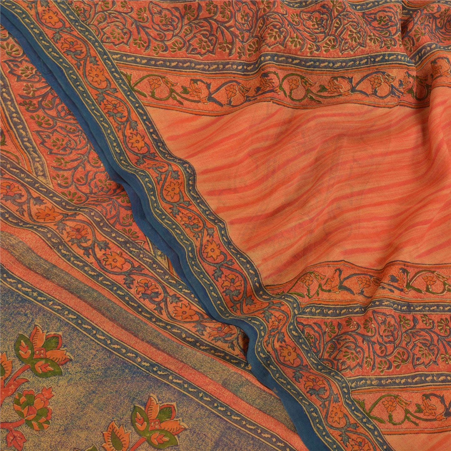 Sanskriti Vintage Orange Sarees Pure Georgette Silk Printed Sari Craft Sustainable Fabric