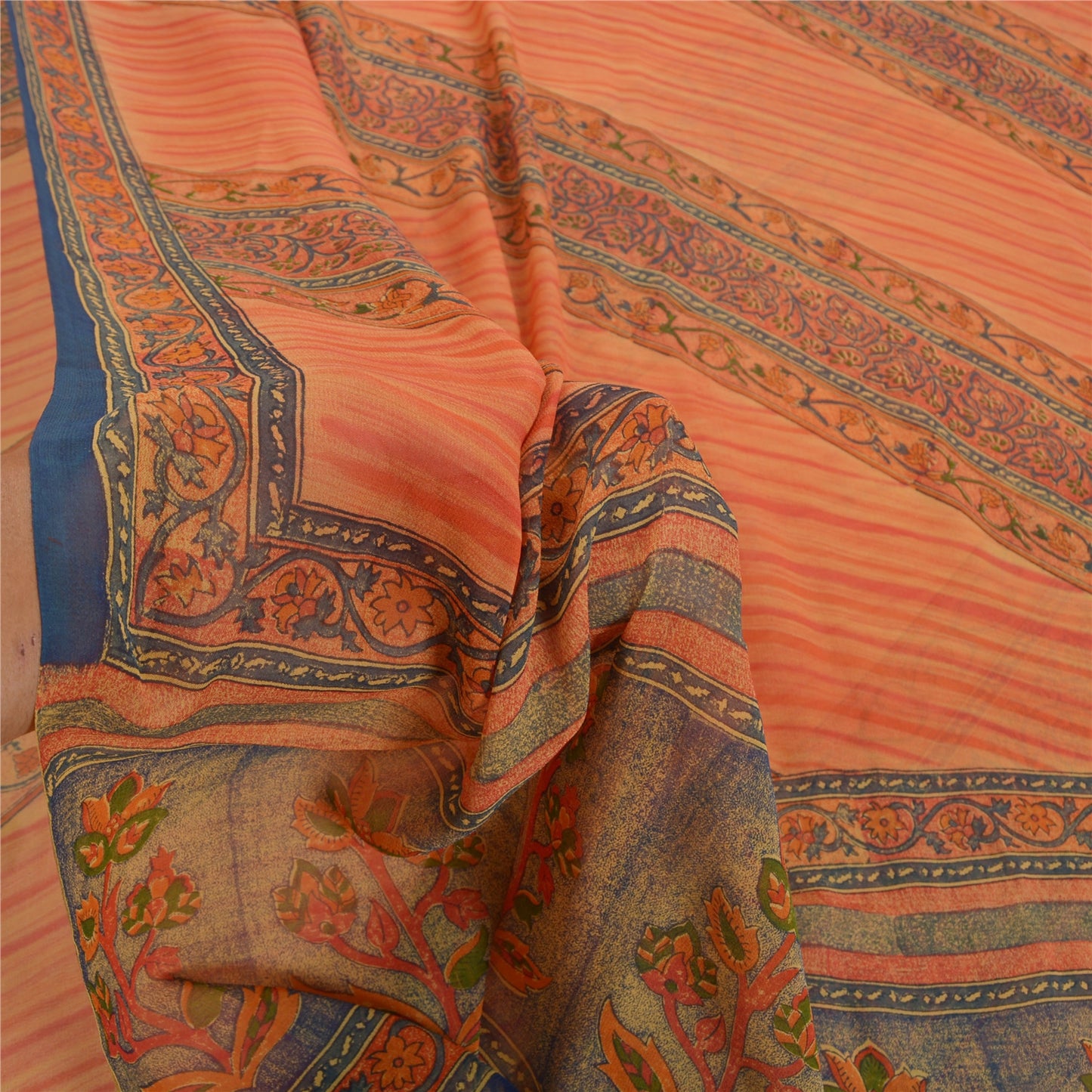 Sanskriti Vintage Orange Sarees Pure Georgette Silk Printed Sari Craft Sustainable Fabric