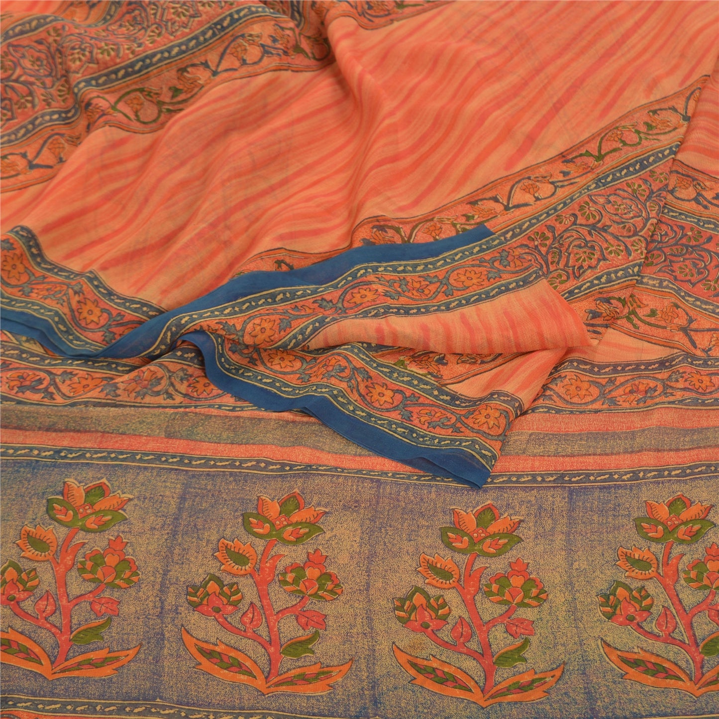 Sanskriti Vintage Orange Sarees Pure Georgette Silk Printed Sari Craft Sustainable Fabric