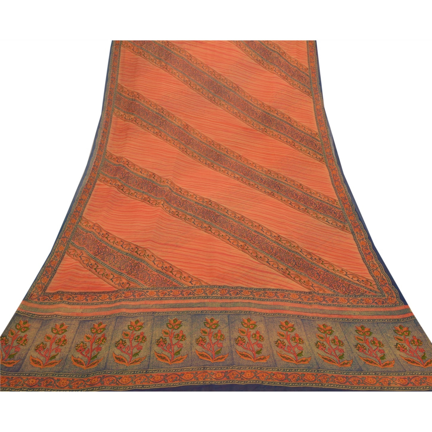 Sanskriti Vintage Orange Sarees Pure Georgette Silk Printed Sari Craft Sustainable Fabric