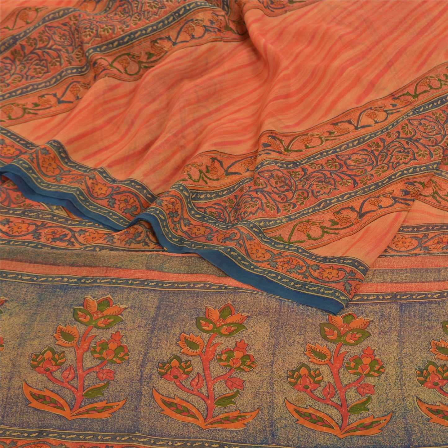 Sanskriti Vintage Orange Sarees Pure Georgette Silk Printed Sari Craft Sustainable Fabric