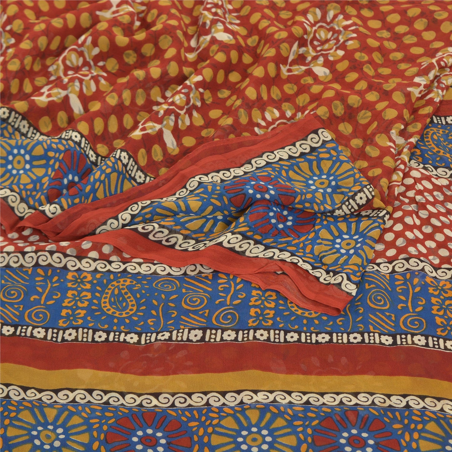 Sanskriti Vintage Røde Sarier Ren Georgette Silke Trykt Sari Blødt Håndværk Bæredygtigt Stoff