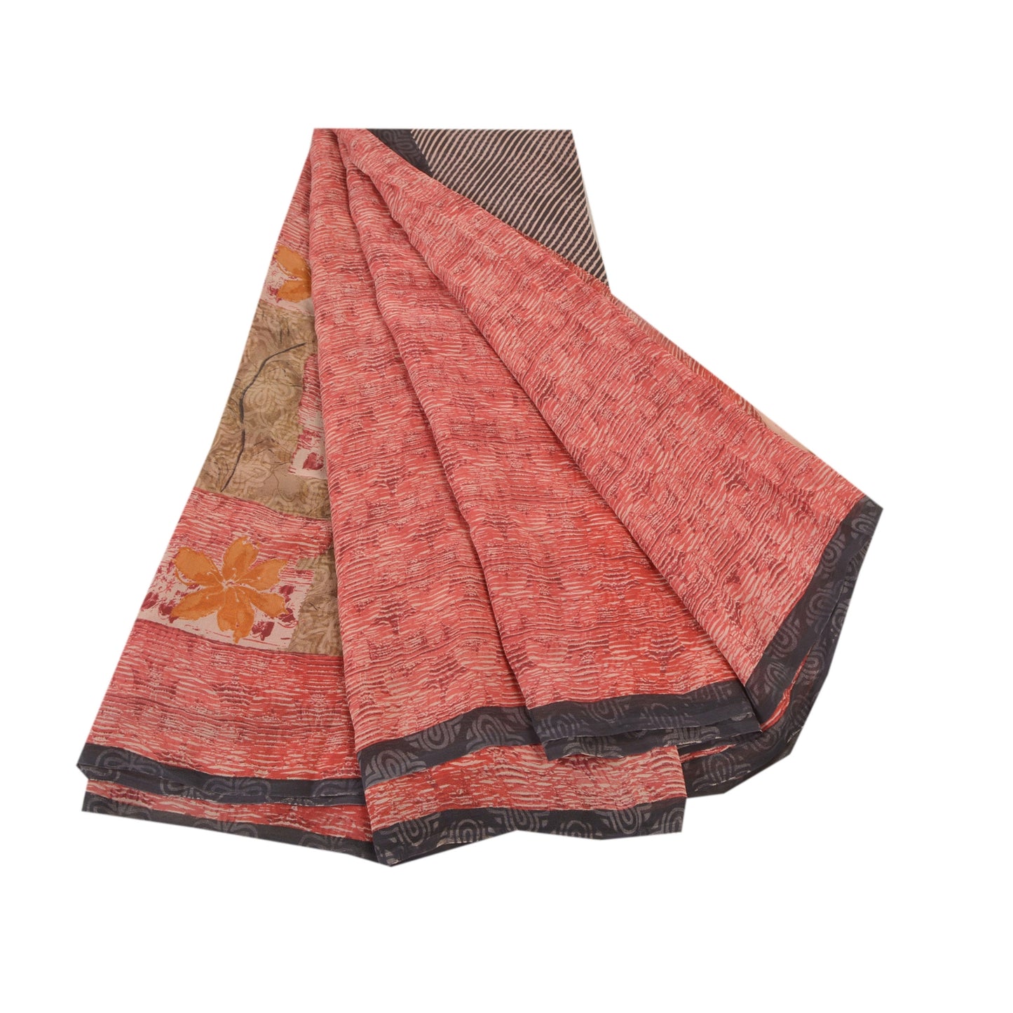 Санскритские винтажные красные сари из чистого шелка-жоржета с принтом 5YD Craft Sustainable Fabric