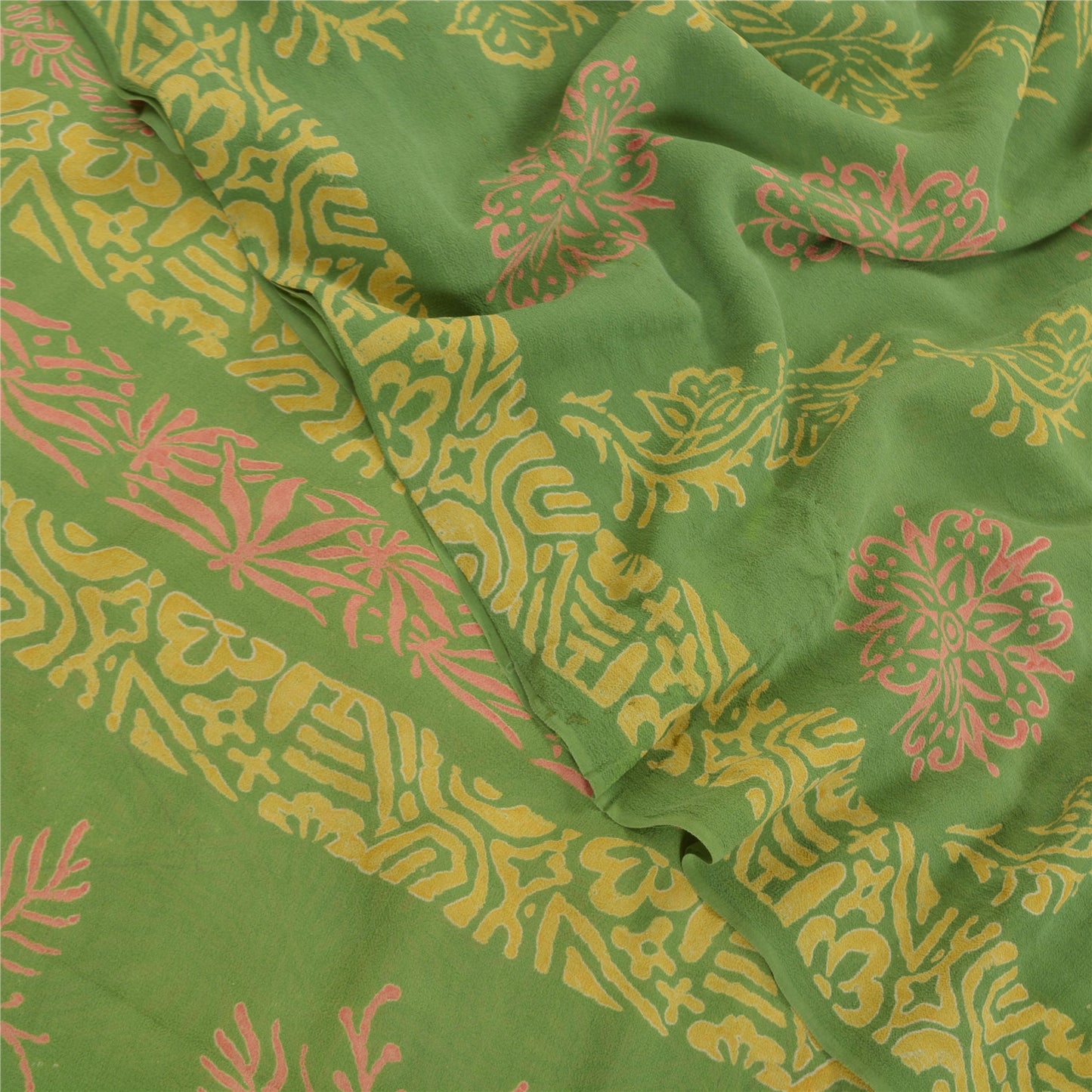 Sanskriti Vintage Grønne Sarier Ren Georgette Silke Trykt Sari 5YD Håndværk Bæredygtigt Stoff