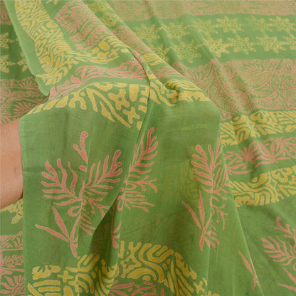Sanskriti Vintage Grønne Sarier Ren Georgette Silke Trykt Sari 5YD Håndværk Bæredygtigt Stoff