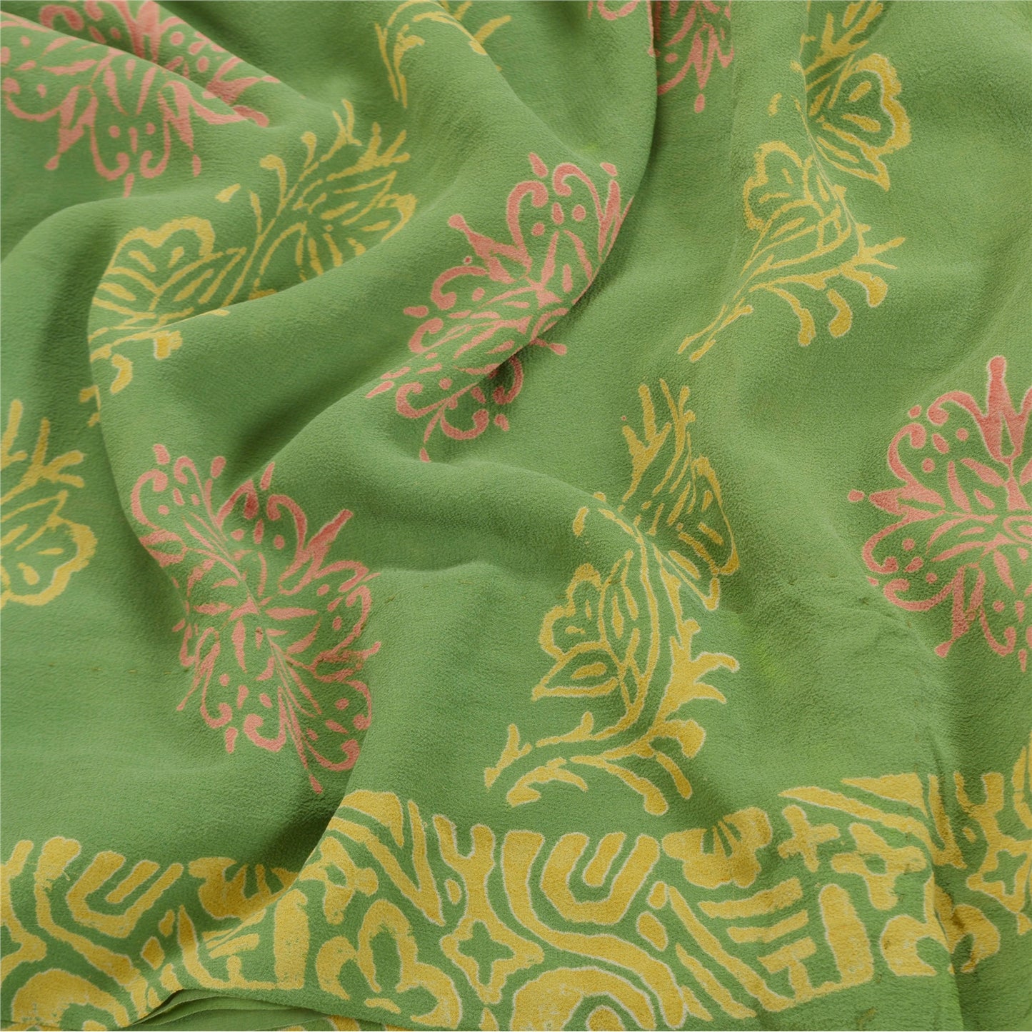 Sanskriti Vintage Grønne Sarier Ren Georgette Silke Trykt Sari 5YD Håndværk Bæredygtigt Stoff