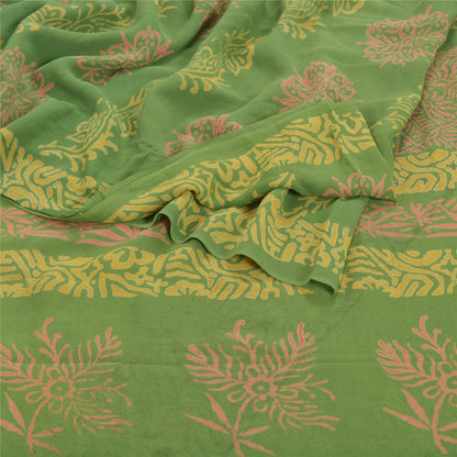 Sanskriti Vintage Grønne Sarier Ren Georgette Silke Trykt Sari 5YD Håndværk Bæredygtigt Stoff