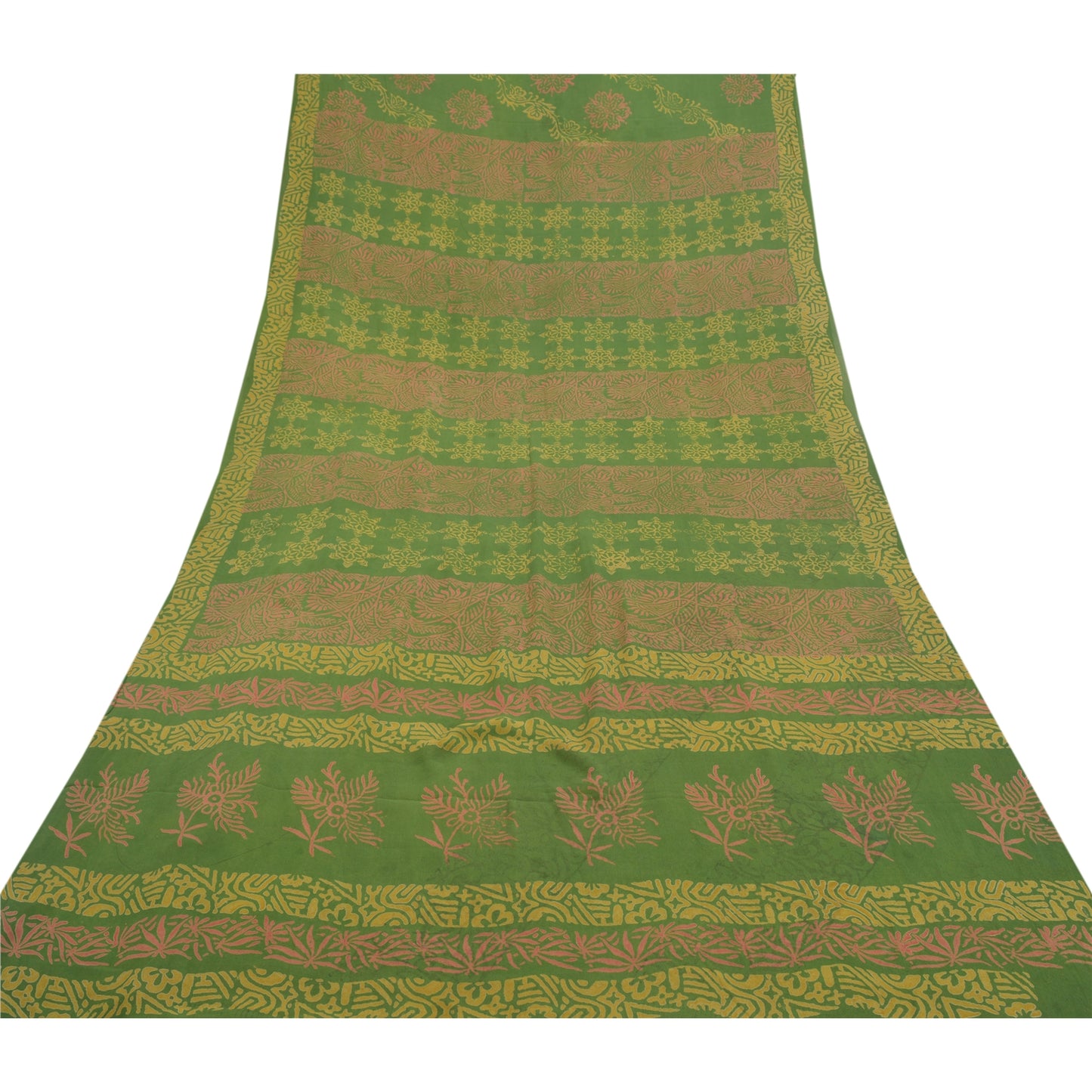 Sanskriti Vintage Grønne Sarier Ren Georgette Silke Trykt Sari 5YD Håndværk Bæredygtigt Stoff