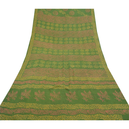 Sanskriti Vintage Grønne Sarier Ren Georgette Silke Trykt Sari 5YD Håndværk Bæredygtigt Stoff
