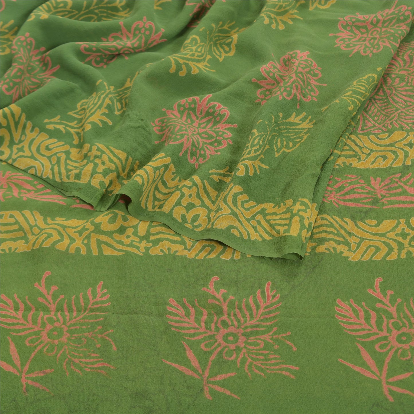 Sanskriti Vintage Grønne Sarier Ren Georgette Silke Trykt Sari 5YD Håndværk Bæredygtigt Stoff